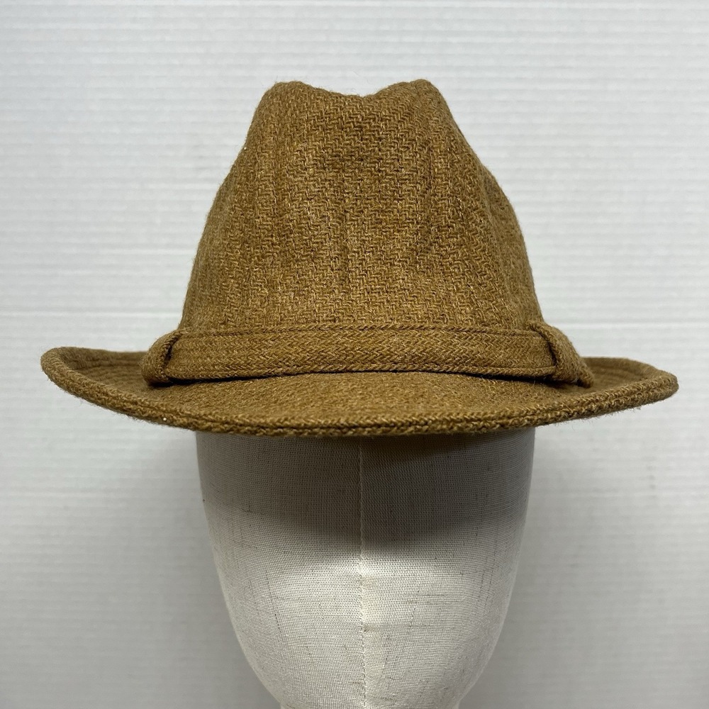 VTG Stetson Fedora Hat Size 7 1/8 Tan Woven Tweed Cloth Trilby Crest Pin 60s 70s